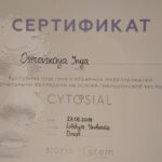 certificate in russian which reads (translated) CERTIFICATE Ostrovskaya Inga issued Contouring and volumetric modeling with dermal fillers based on hyaluronic acid CYTOSIAL date 27.06.1019 speaker city Dnepr 06/27/2019 Lifshyts Yevheniia Dnepr BIOXIS Stem-pharma