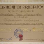 certificate in russian and english which reads (russian part translated): CERTIFICATE OF PARTICIPATION This award is presented to Ostrovskaya Inga Anatolyevna for participation to Prevention and collection Complications of contouring JALOR General director and his signiture Teacher: Tsinkov